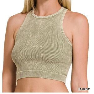 Zenana Outfitters Light Olive Ribbed Crop Top